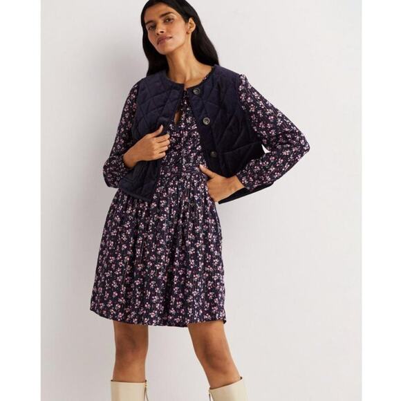 BODEN Metallic Frill Ruffle Detail Mini Fall Dress Navy Berry Sprig Floral Large - Picture 7 of 7